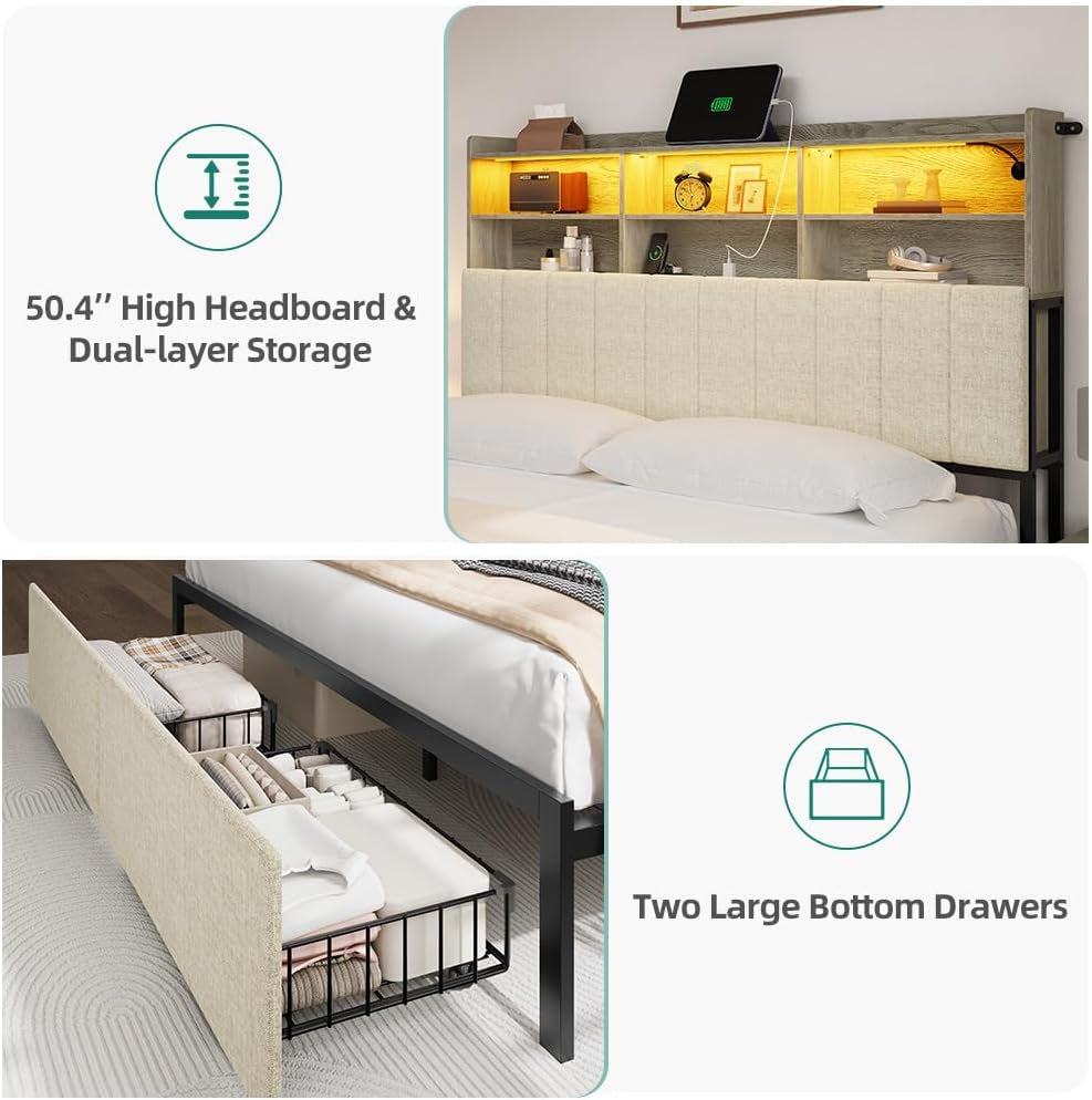 Queen Bed Frame With Two Tier Storage Cabinets Beige-4