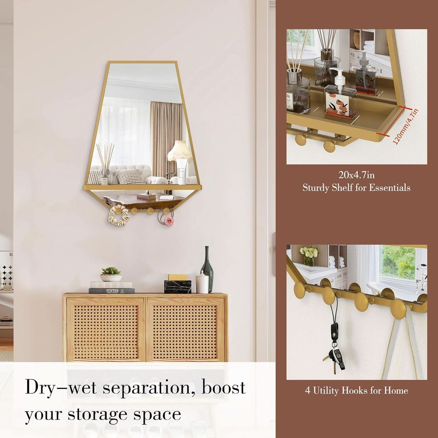 Goldtone Hexagonal Wall Mirror 26x20Inches With Shelf-4