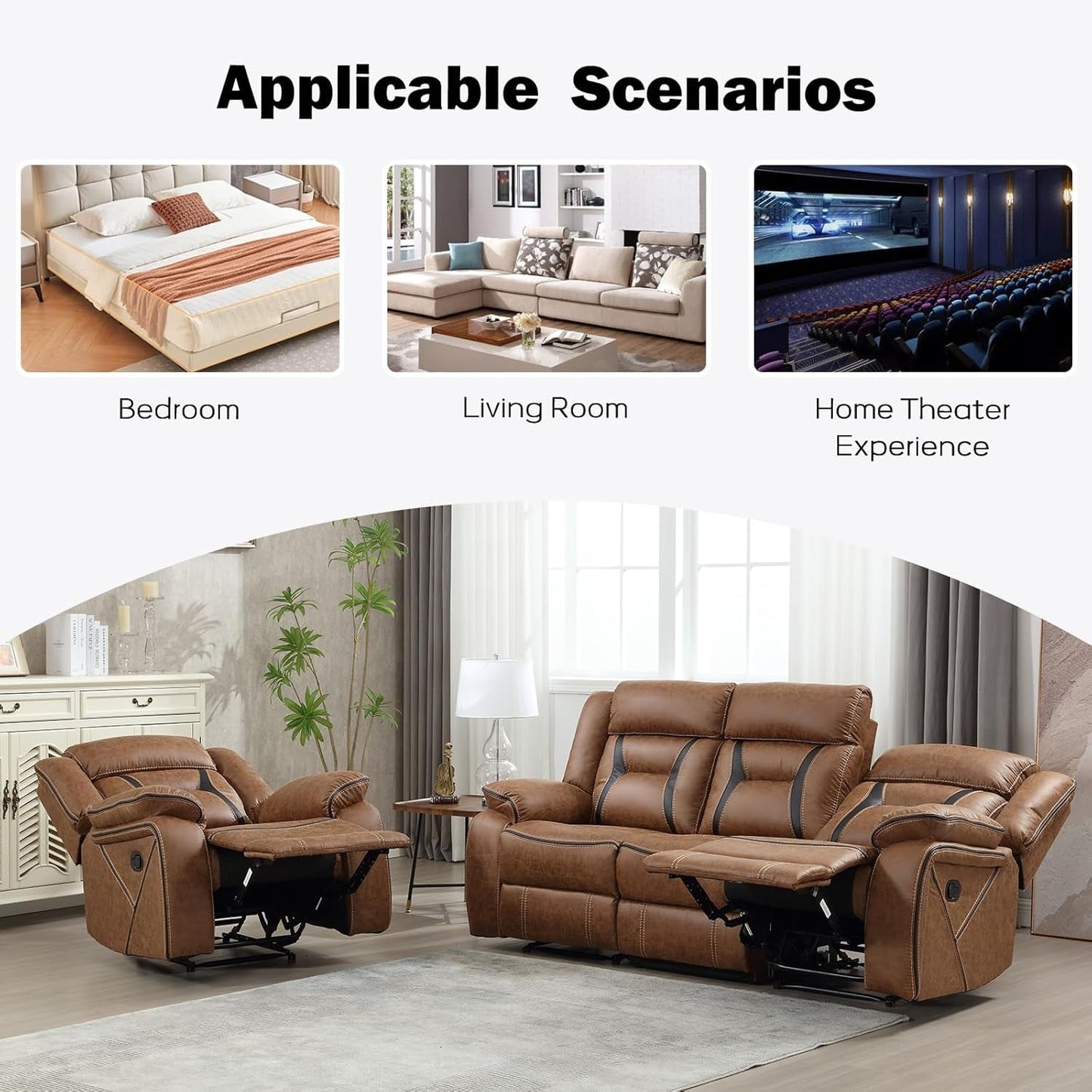 Brown Faux Leather Recliner Sofa Set Luxury Living Room Furniture-4