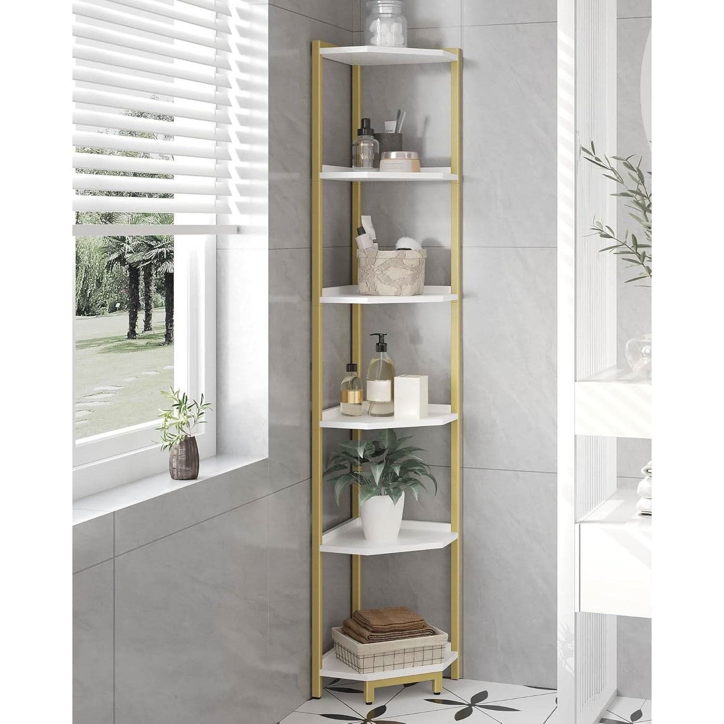 6-Tier Corner Shelf Stand White Gold Finish For Living Room-4