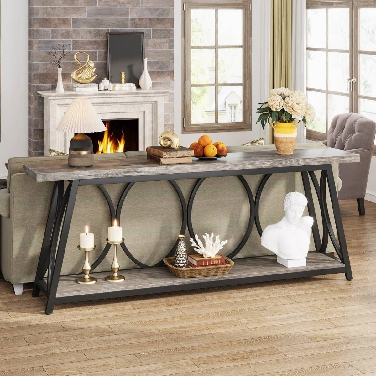 Industrial 70-inch Grey Wood Top Sofa Table with Heavy Duty Black Metal Frame-2