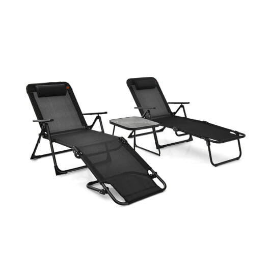 3 Pieces Patio Folding Chaise Lounge Set with PVC Tabletop-Black-4