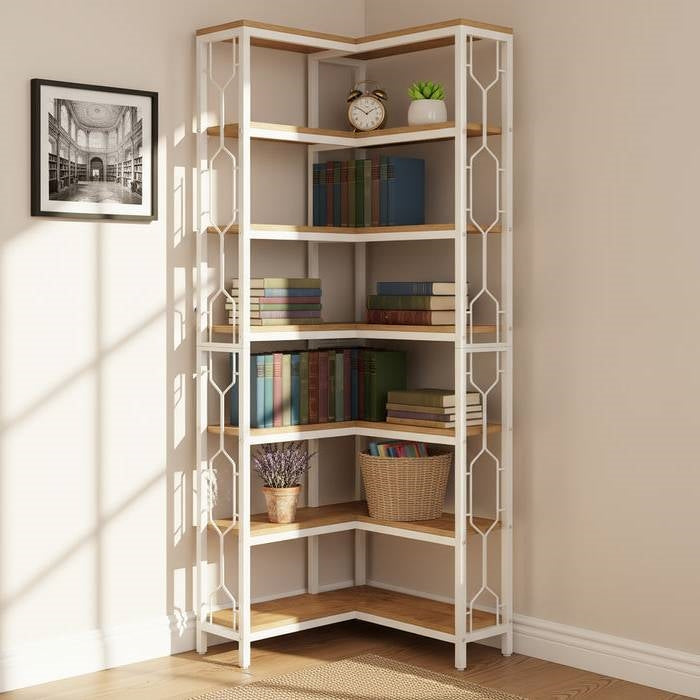 Industrial 7-Tier Metal/Wood Corner Bookcase in White/Natural-1