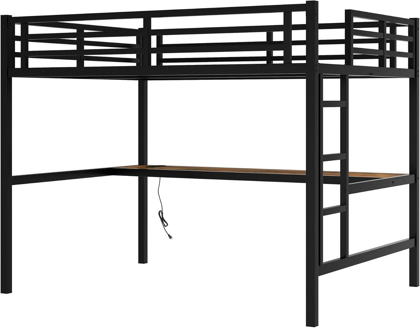 Full Size Metal Loft Bed Desk With Integrated USB Charging Black-4