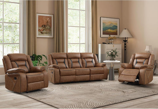 Brown Faux Leather Recliner Sofa Set Luxury Living Room Furniture-0