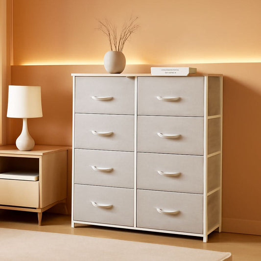 Bedroom Tall Linen Textured Fabric Dresser Drawers-0