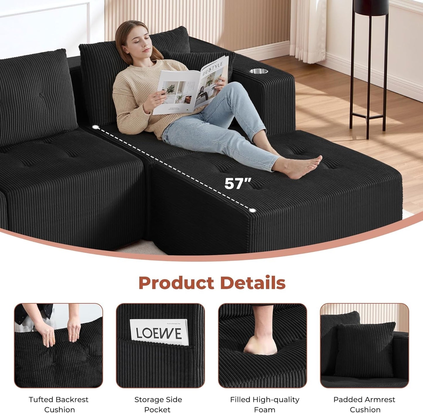 100 Inch U Shaped Oversized Modular Sofa Luxurious Corduroy-3