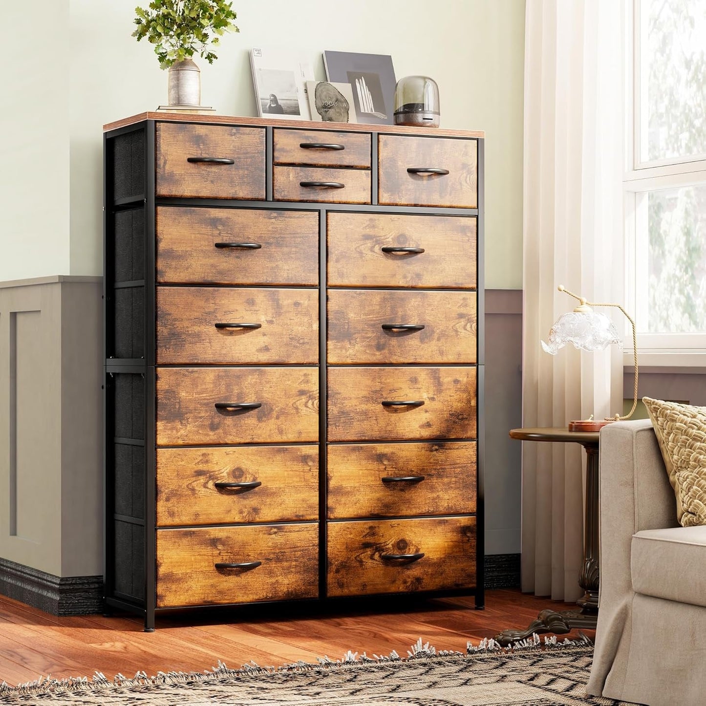 Rustic Brown Tall Dresser Featuring Fabric Drawers-0