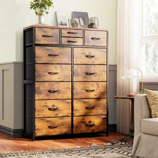 Rustic Brown Tall Dresser Featuring Fabric Drawers-0