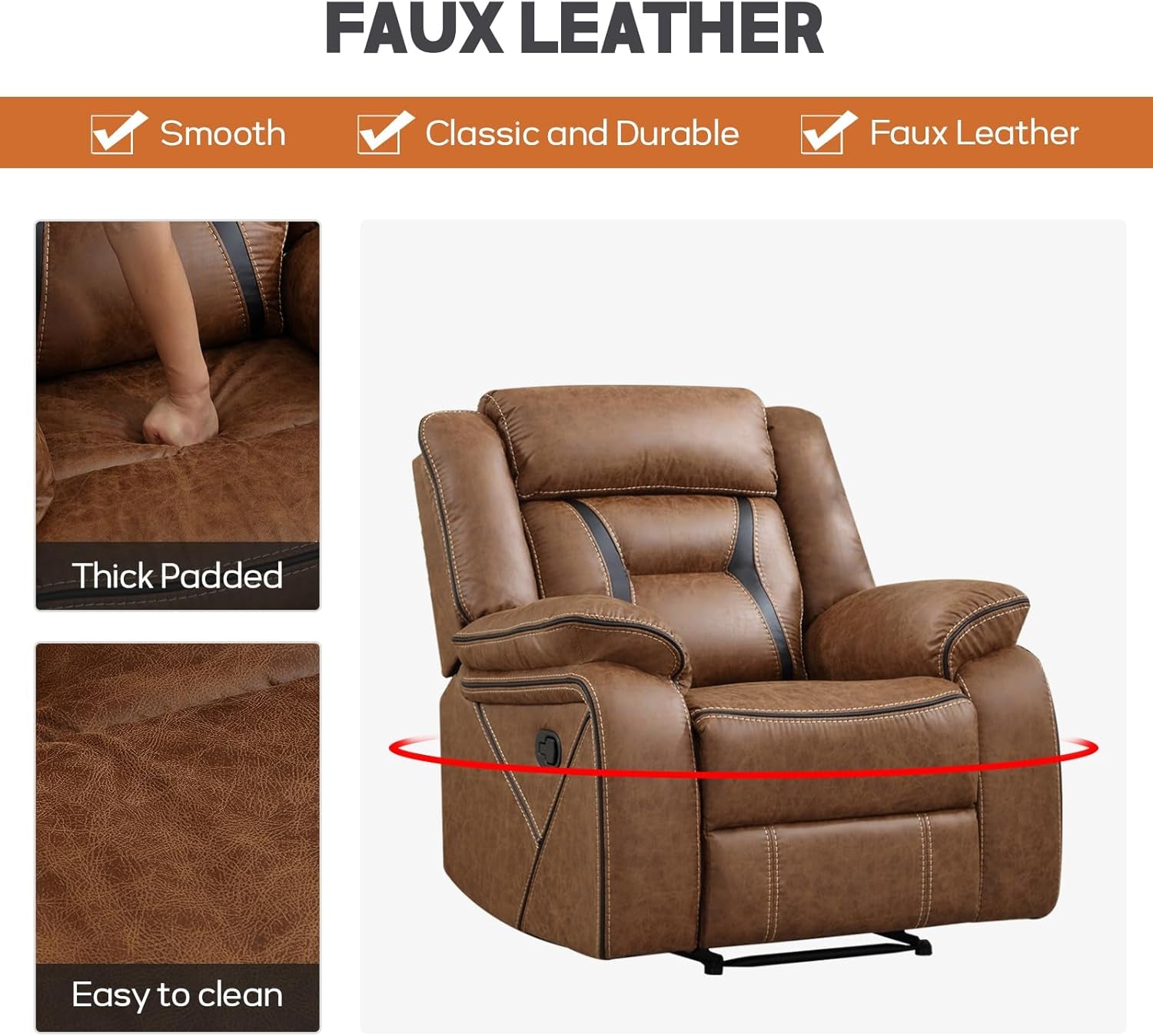 Brown Faux Leather Recliner Sofa Set Luxury Living Room Furniture-2