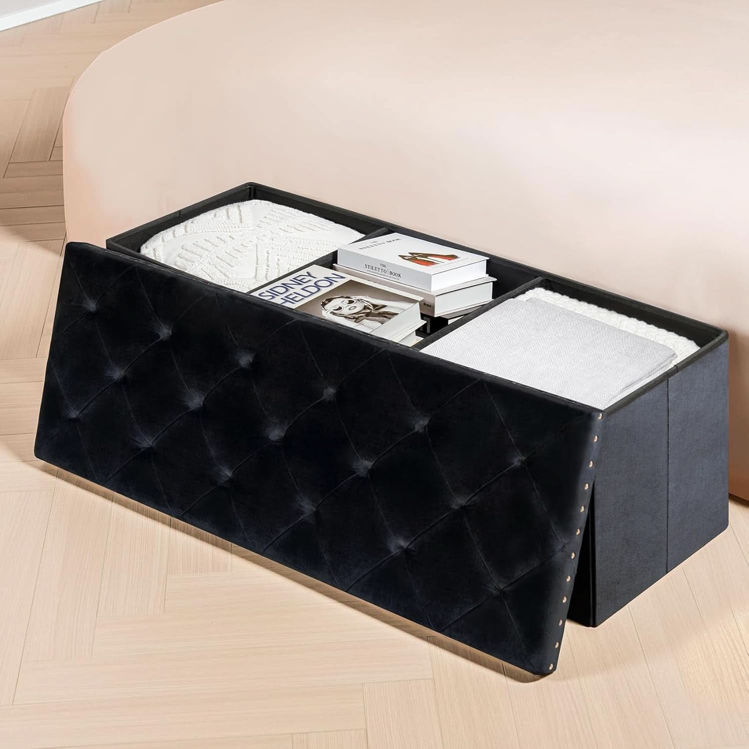 Black Premium Velvet Storage Ottoman Bench Bedroom-3
