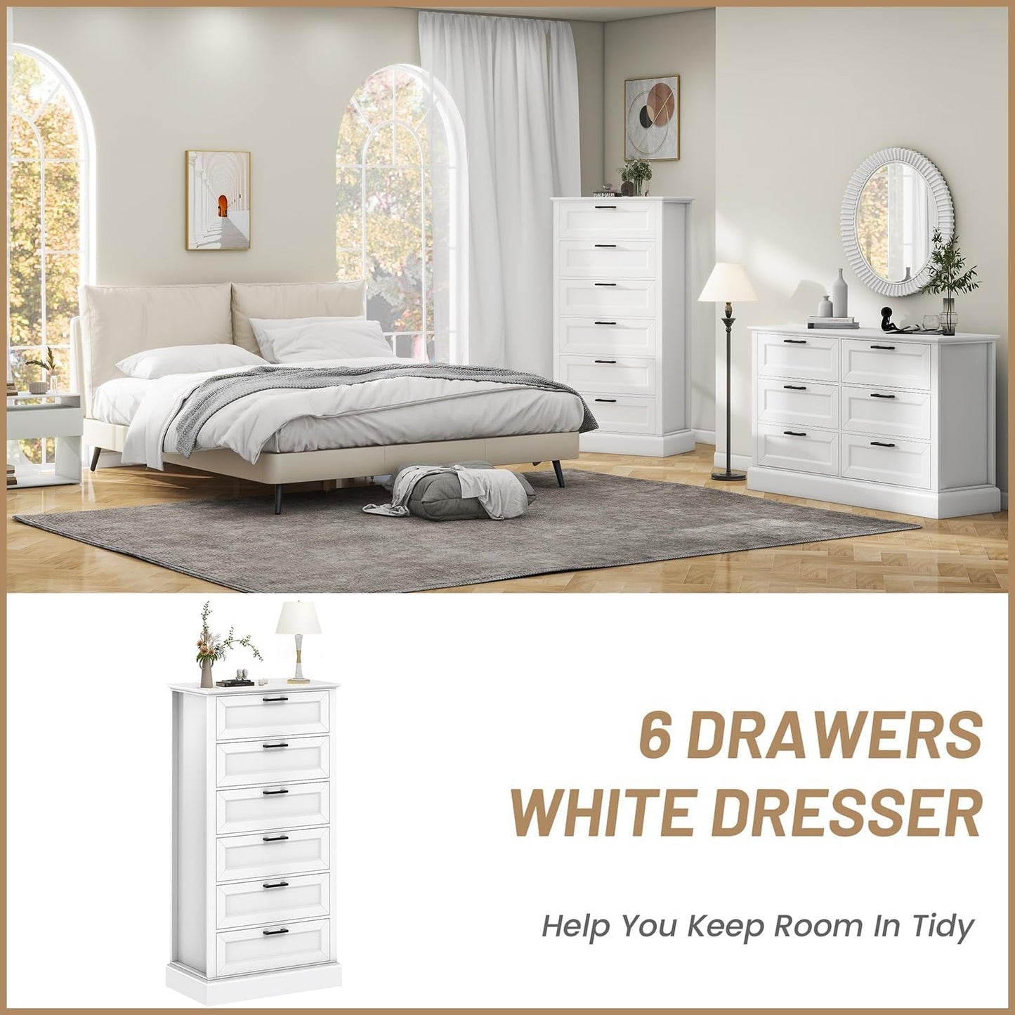 Tall White Six Drawer Contemporary Dresser Bedroom