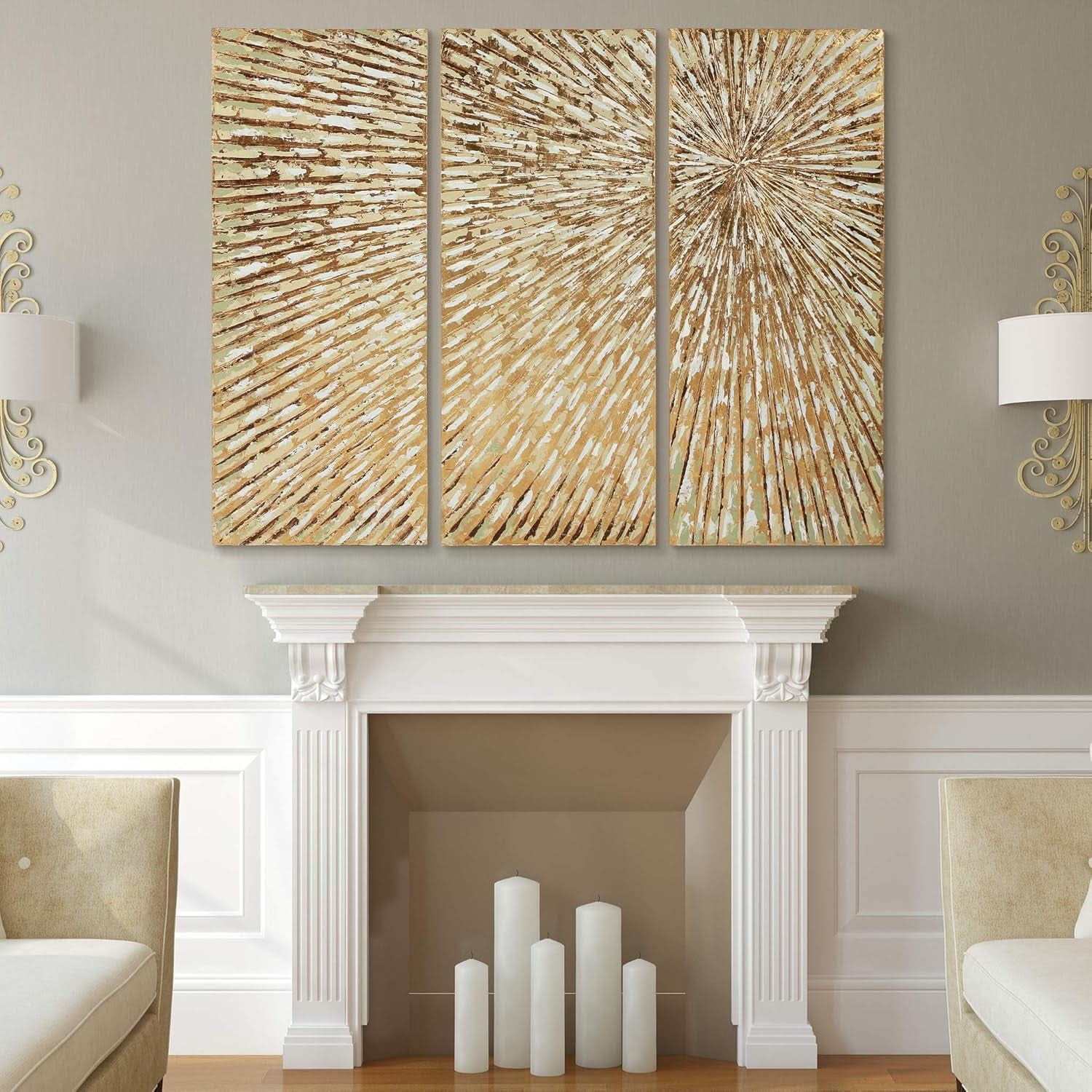 Goldleaf Textured Hand Painted Canvas Art Triptych-4