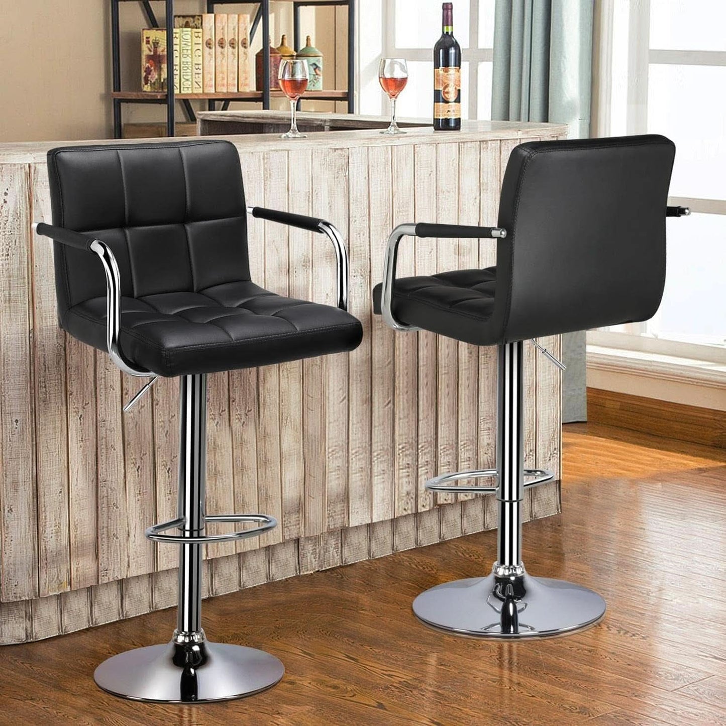 Bar Stools Set Of 2 Adjustable PU Leather Black Swivel-3