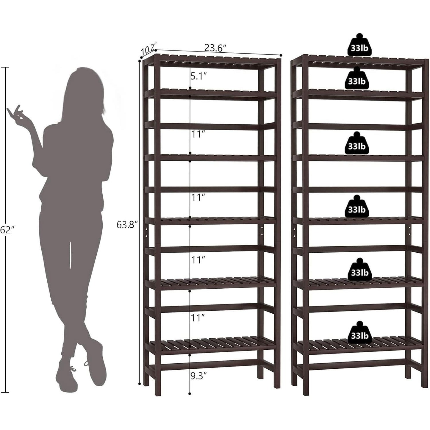 6-Tier Bamboo Bookcase Espresso 63.4 Inch Tall Freestanding Shelf-2