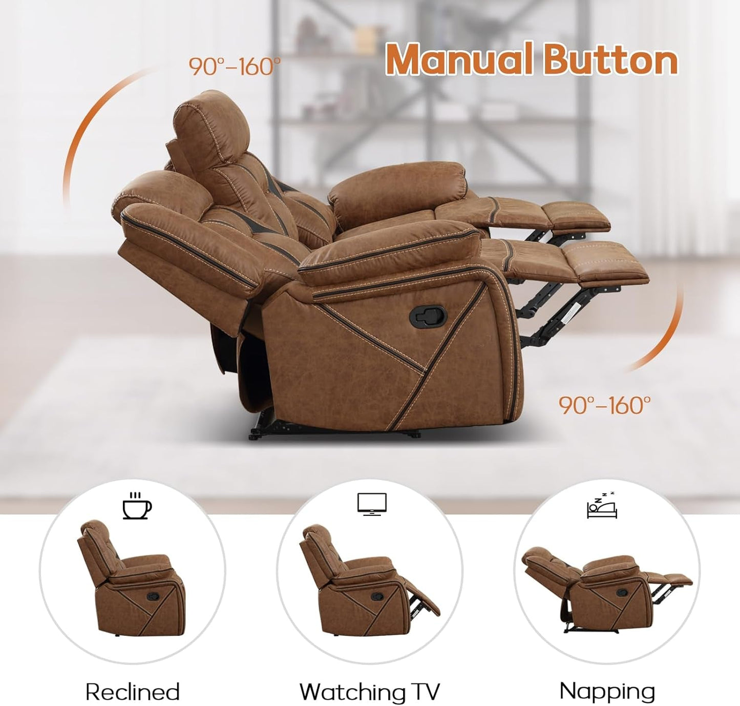 Brown Faux Leather Recliner Sofa Set Luxury Living Room Furniture-3