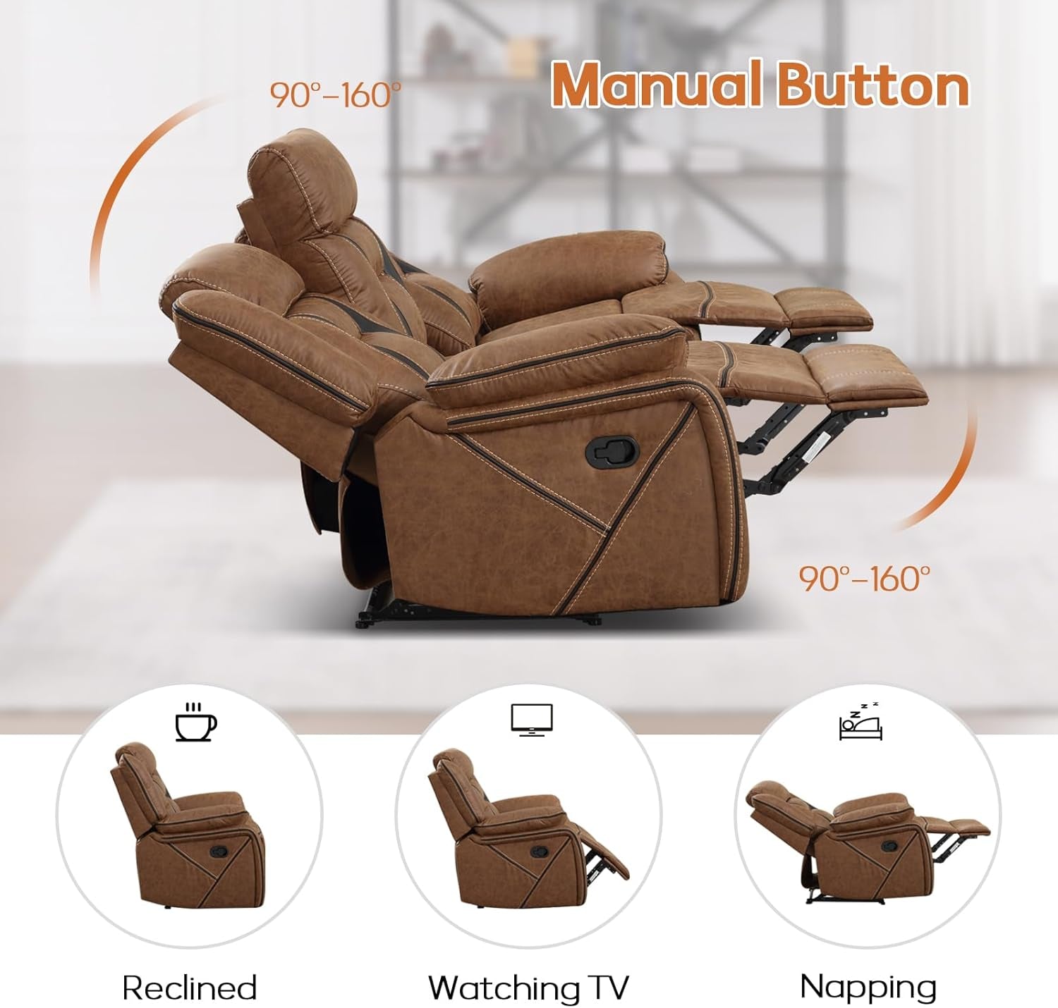 Brown Faux Leather Recliner Sofa Set Luxury Living Room Furniture-3