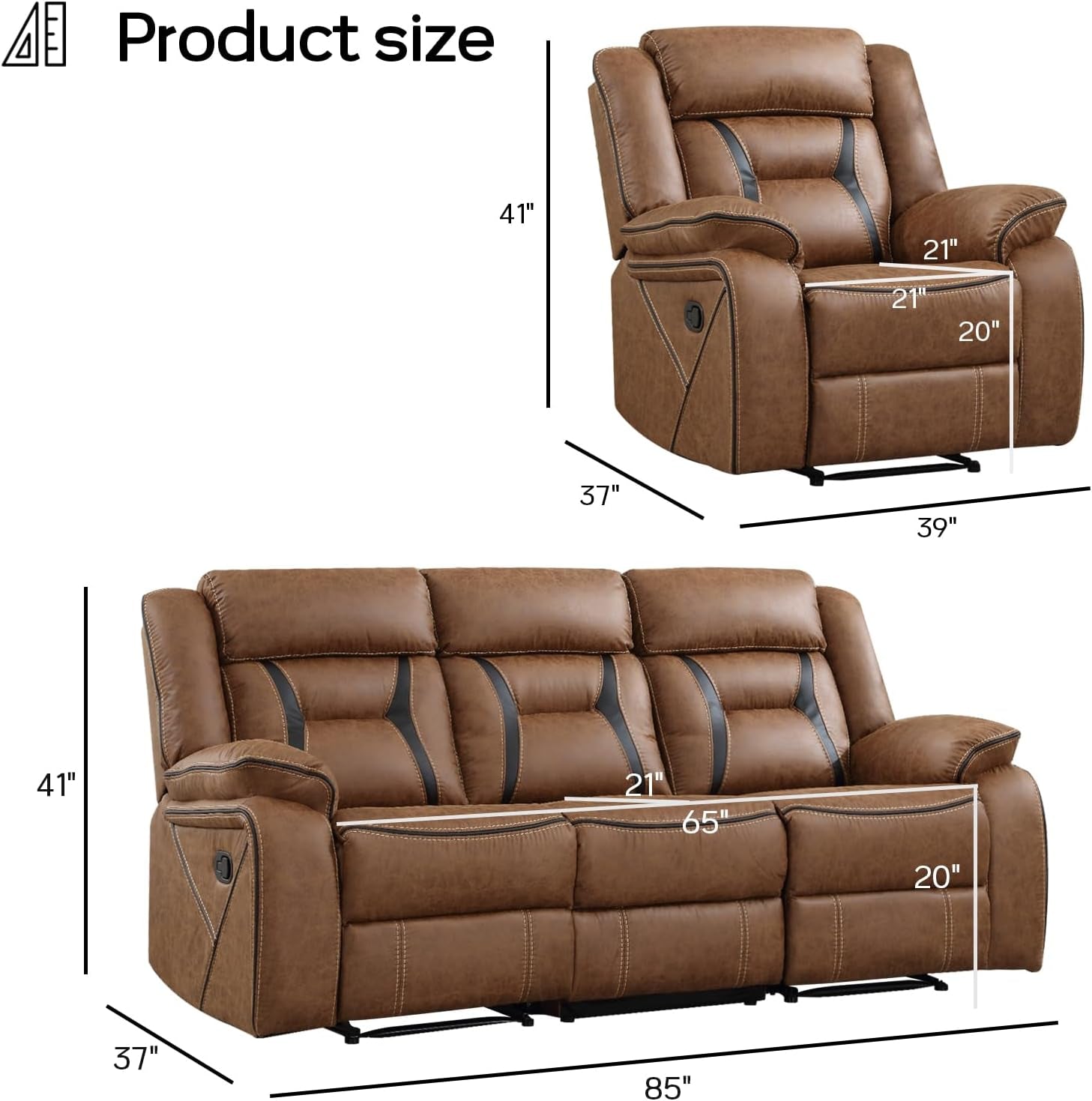 Brown Faux Leather Recliner Sofa Set Luxury Living Room Furniture-1