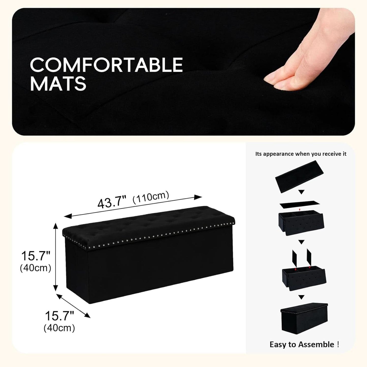 Black Premium Velvet Storage Ottoman Bench Bedroom-2
