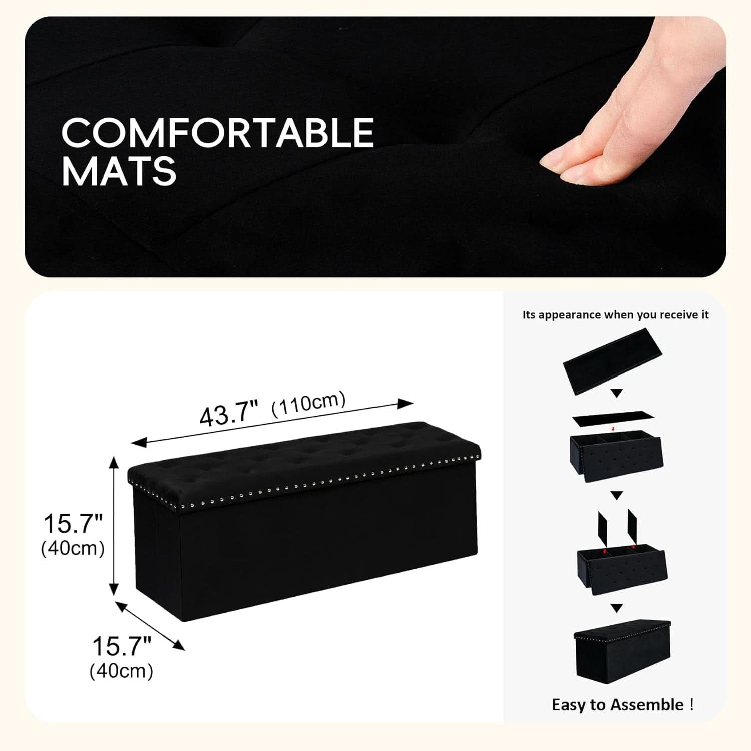 Black Premium Velvet Storage Ottoman Bench Bedroom-2