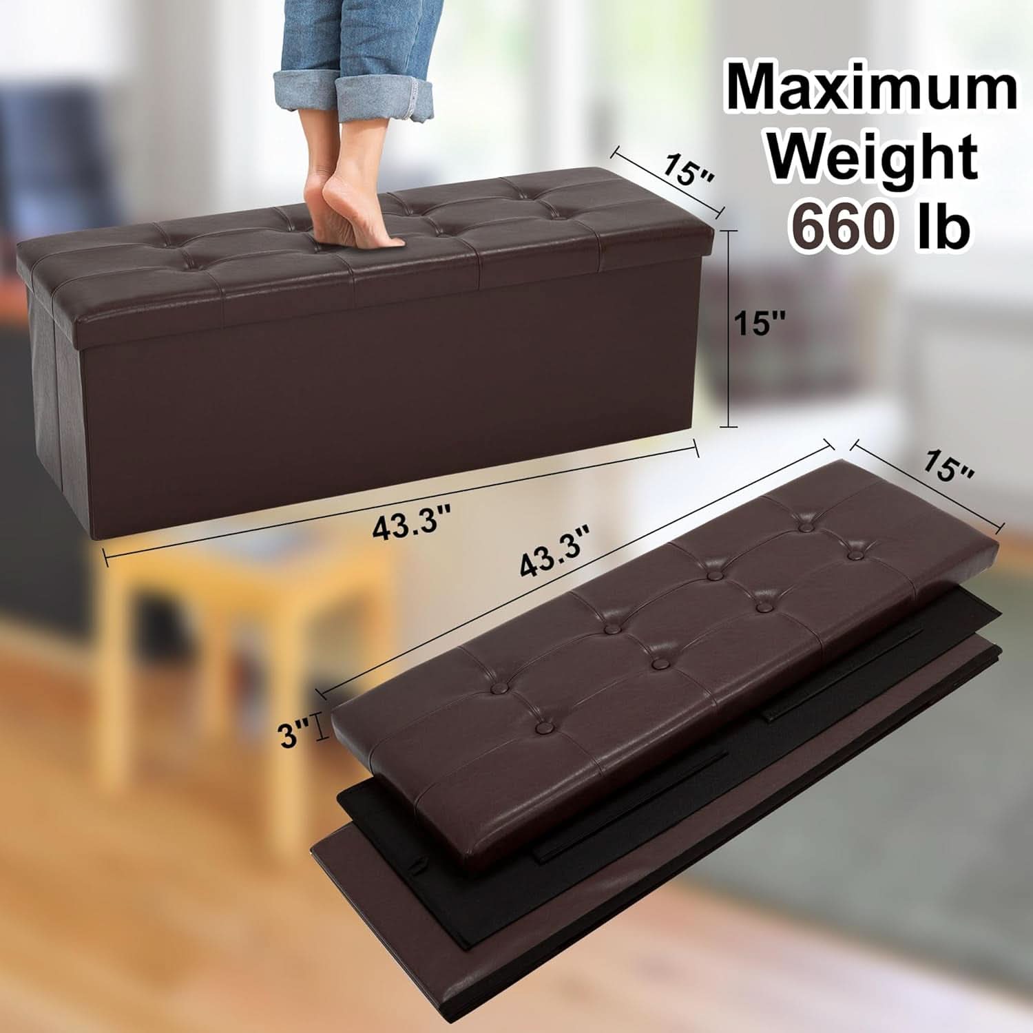 Forty Three Inches Folding Storage Ottoman Bench Brown Leather-2