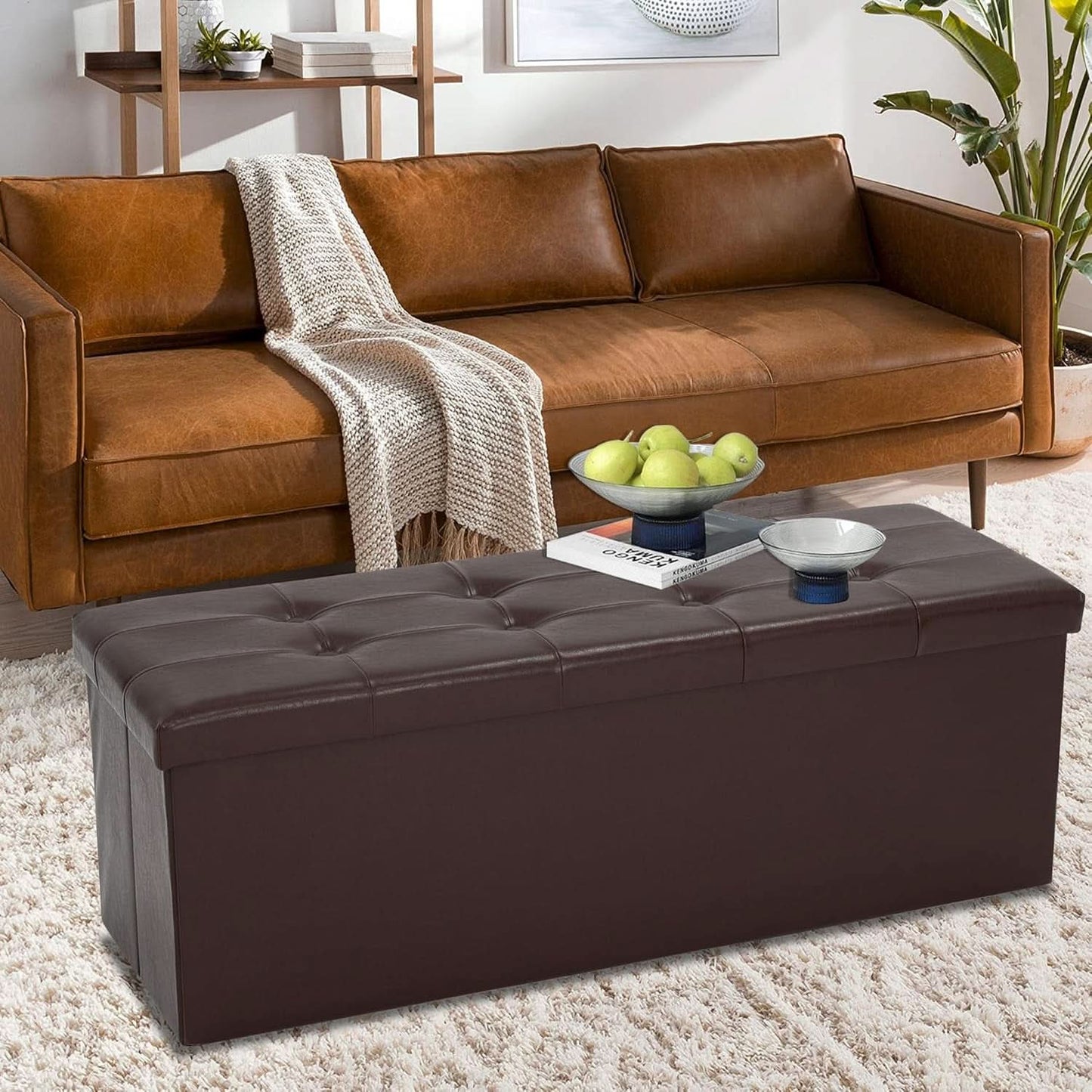 Forty Three Inches Folding Storage Ottoman Bench Brown Leather-1