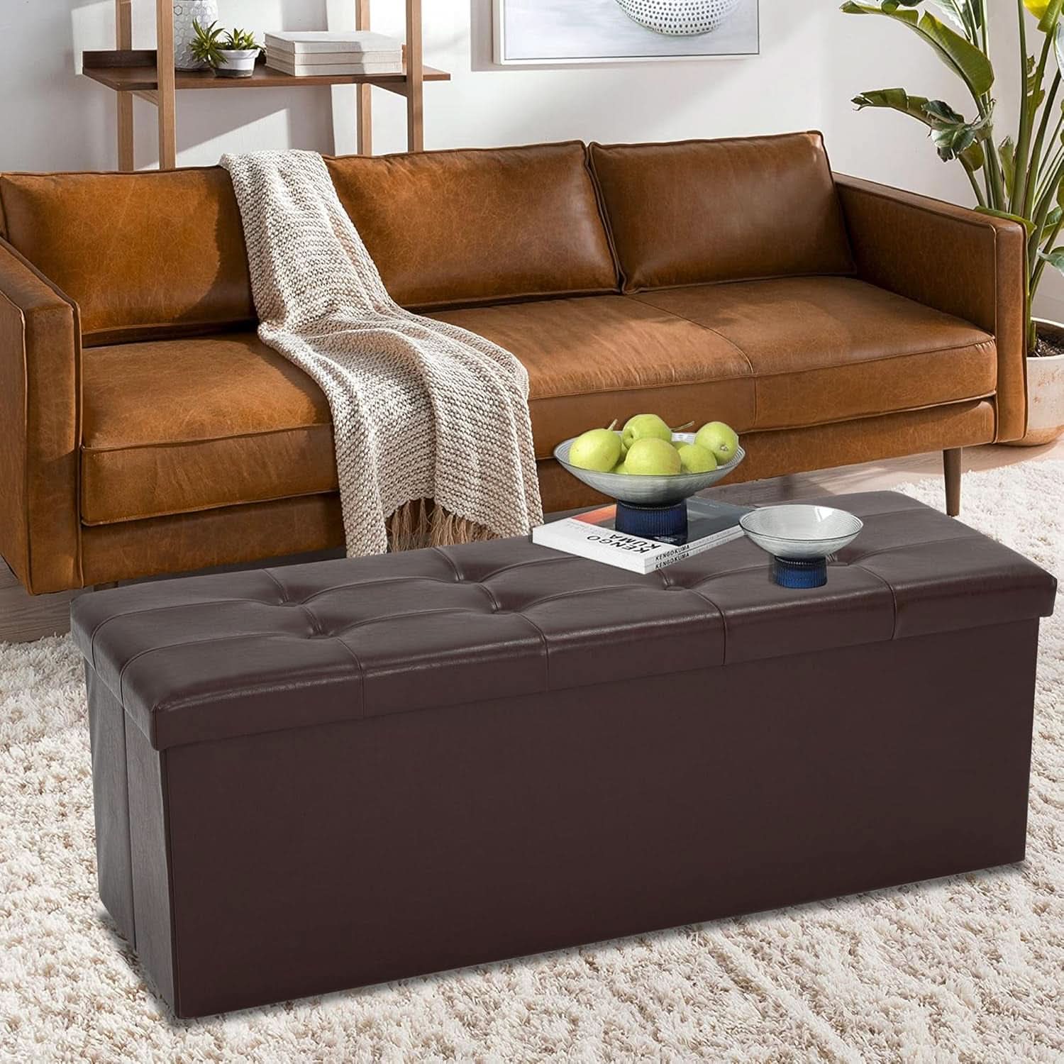 Forty Three Inches Folding Storage Ottoman Bench Brown Leather-1