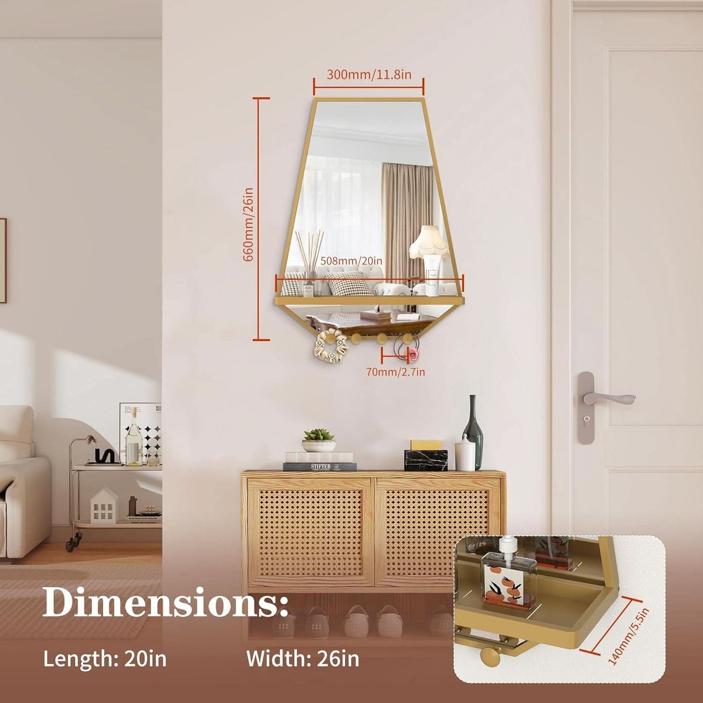 Goldtone Hexagonal Wall Mirror 26x20Inches With Shelf