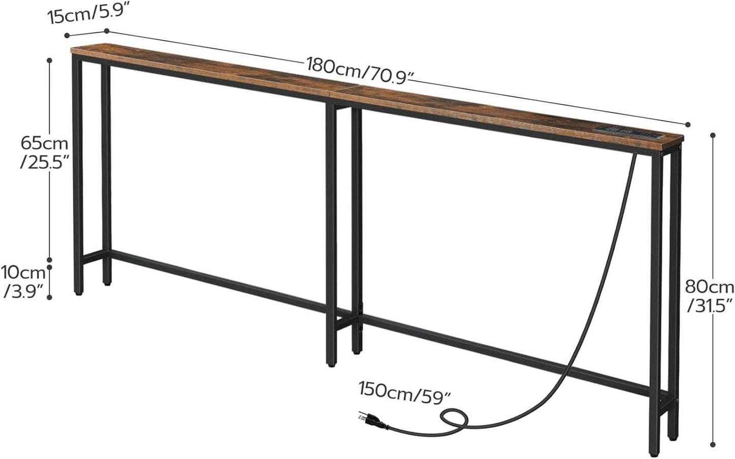 Rustic Brown Narrow Console Table Charging Station-2