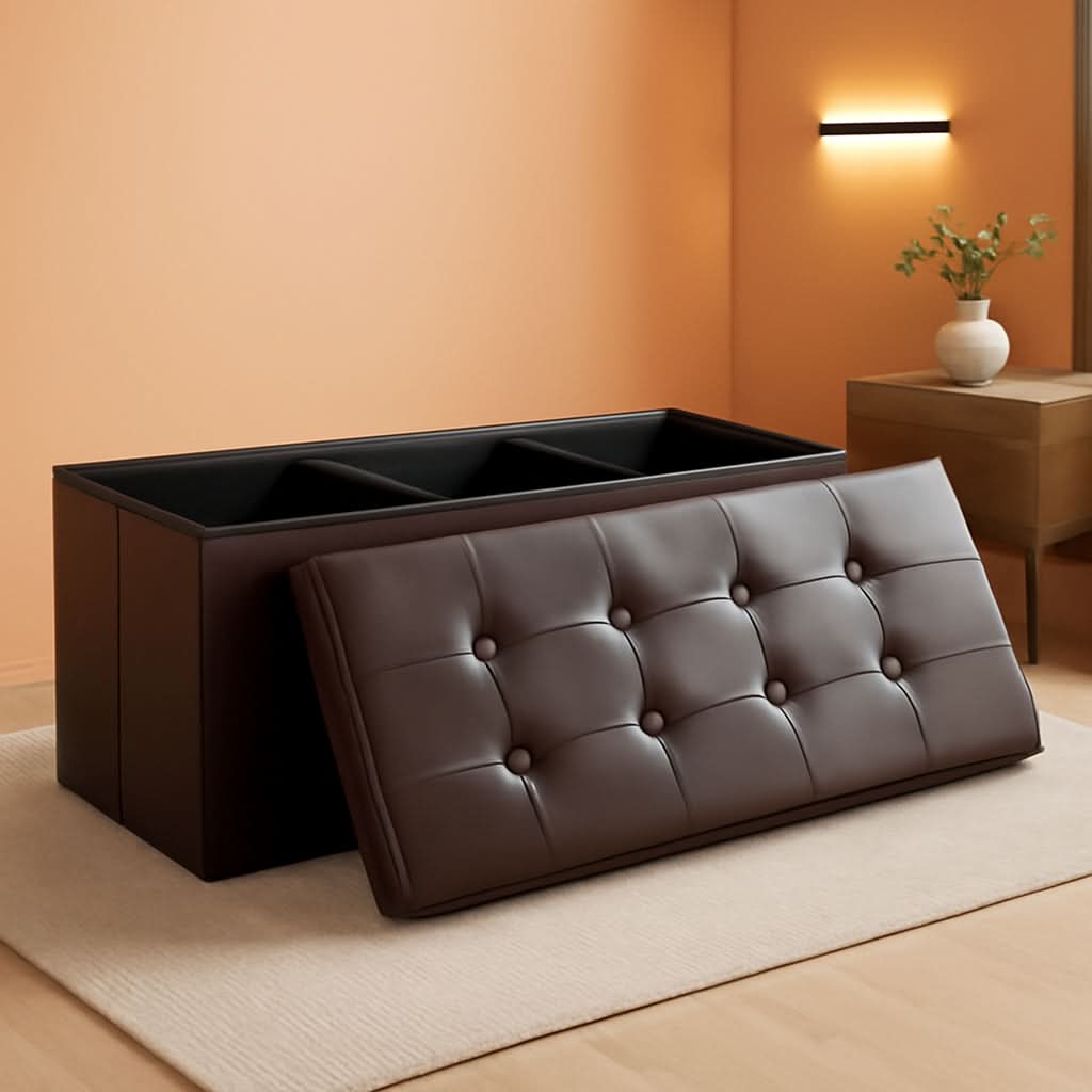 Forty Three Inches Folding Storage Ottoman Bench Brown Leather-0