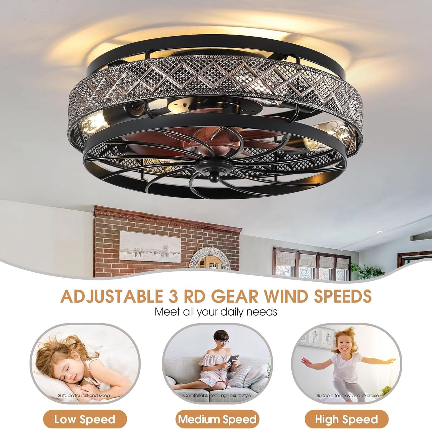 18 Inch Industrial Caged Ceiling Fan With Light Remote-3
