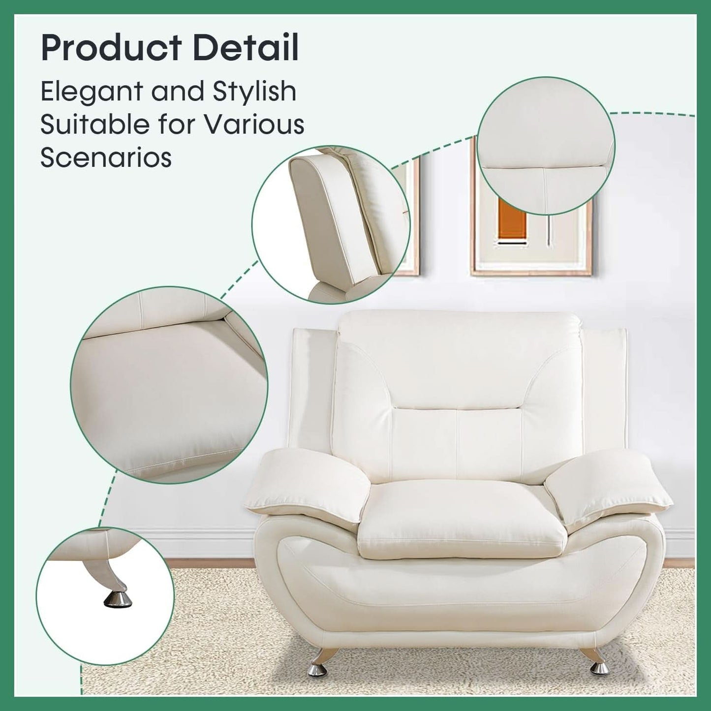 Leather Sofa Set 3 Piece White For Living Room Furniture-4