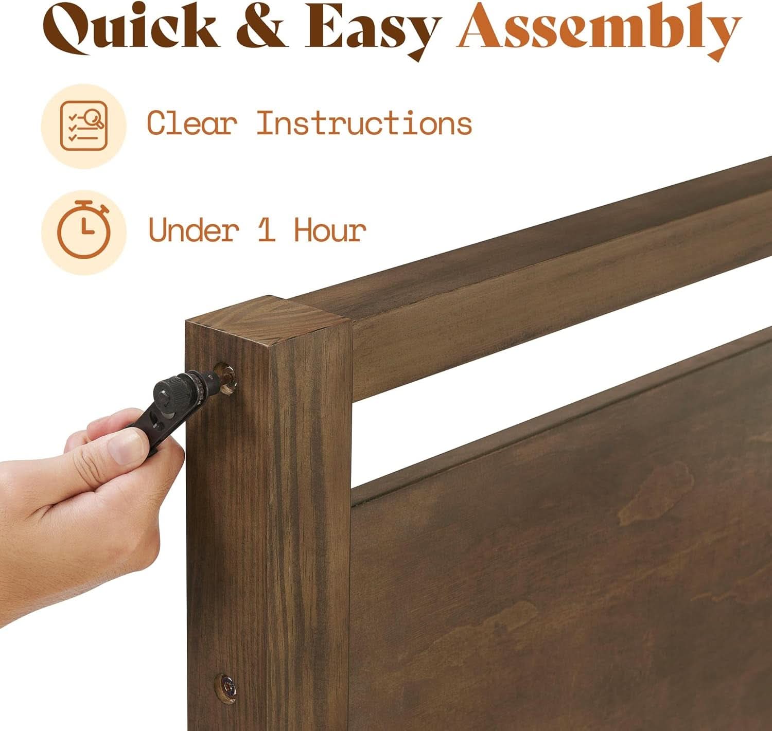 Queen Size Hardwood Platform Bedroom Frame Headboard-4