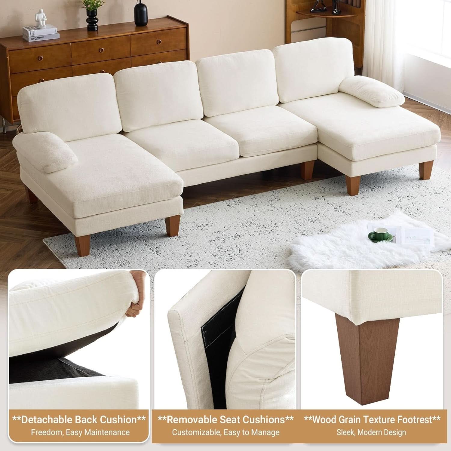 110 Inch Beige U Shaped Sectional Sofa For Living Room With Double Chaise And Comfortable Seating For Gatherings-2