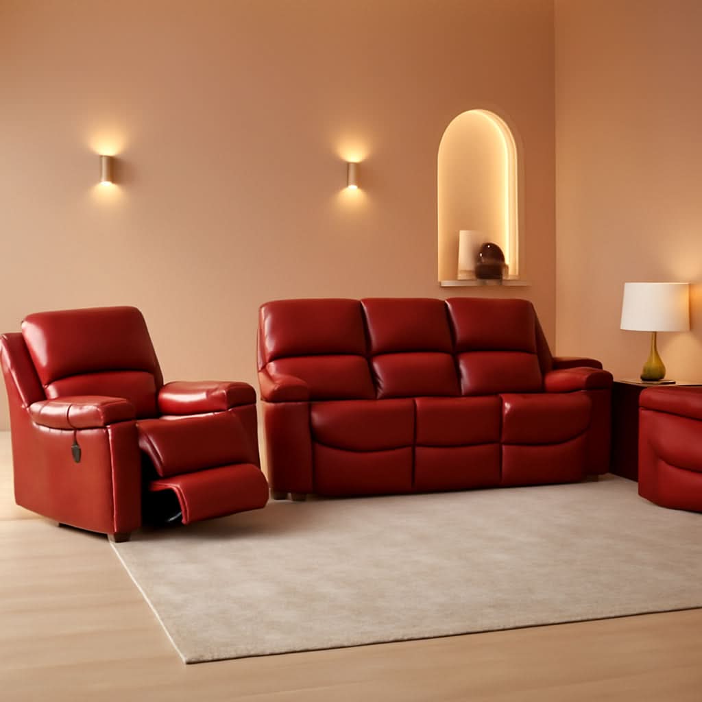 Leather Recliner Sofa Set Red Three Piece Living Room Furniture-0