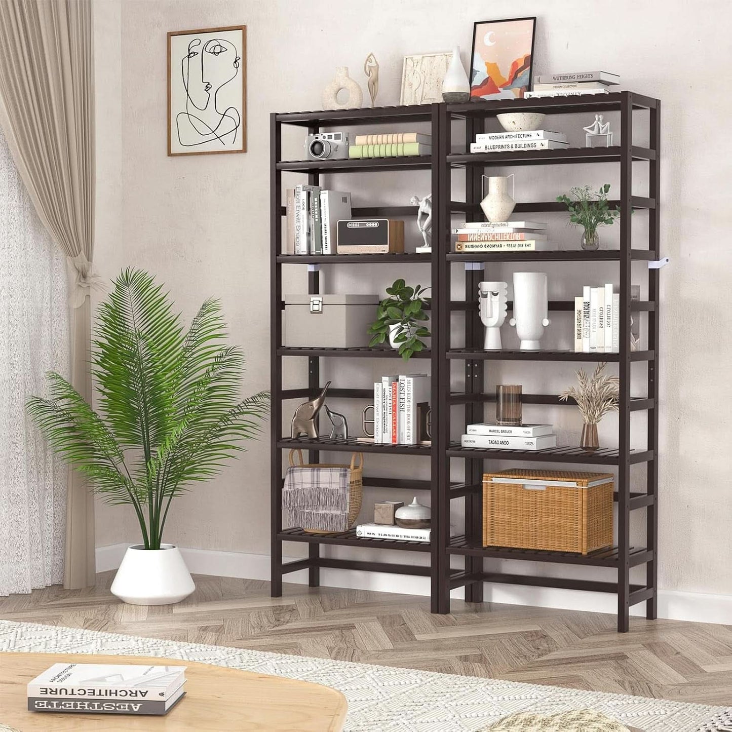 6-Tier Bamboo Bookcase Espresso 63.4 Inch Tall Freestanding Shelf-1