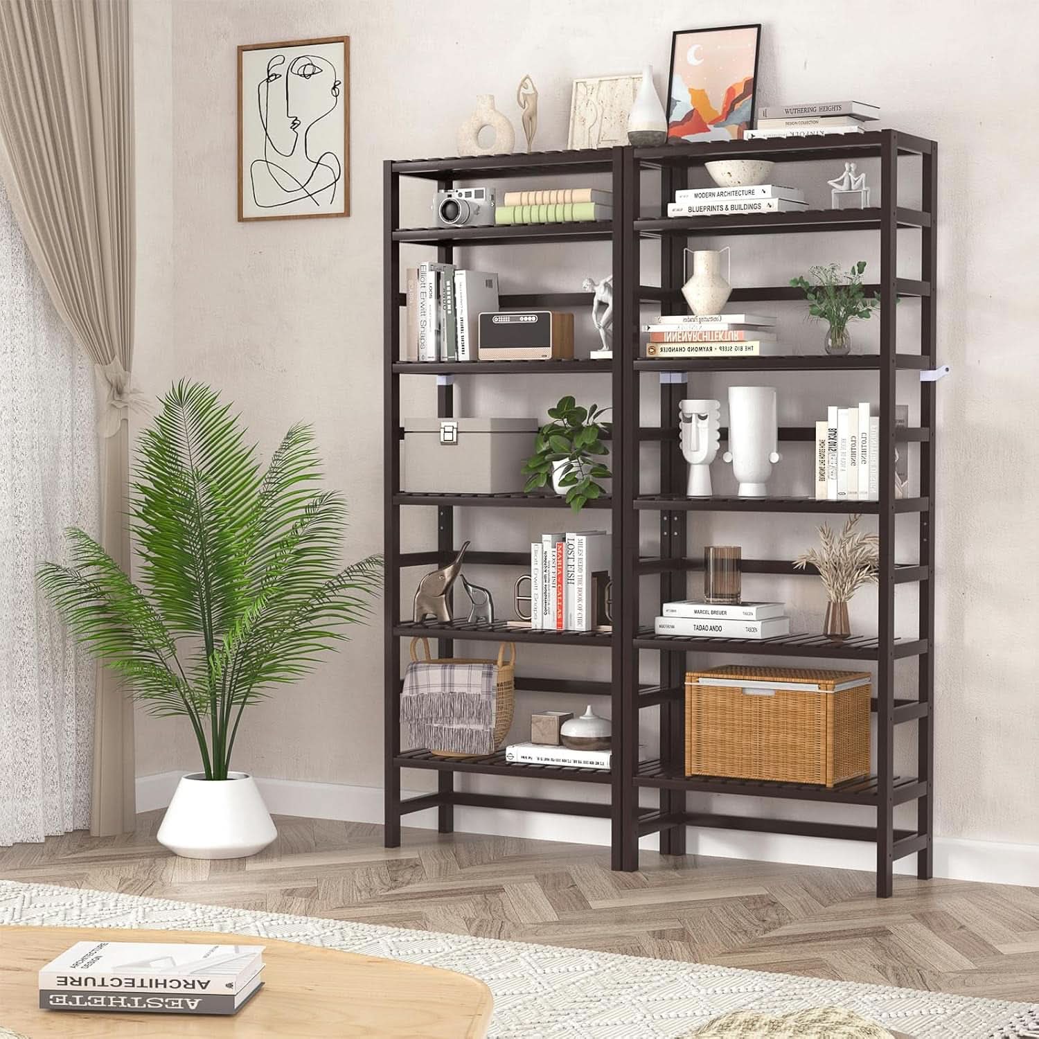 6-Tier Bamboo Bookcase Espresso 63.4 Inch Tall Freestanding Shelf-1
