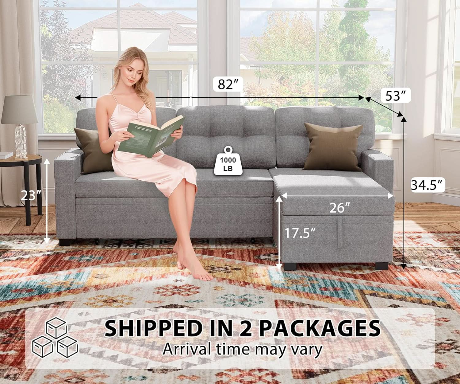 Reversible Sectional Sofa Couch, Sleeper Sofa Bed with Storage Chaise Pull Out Couch for Living Room | Hidden Stroge | Pull Out Bed | Removable Backrest | Linen Fabric, Light Grey-1