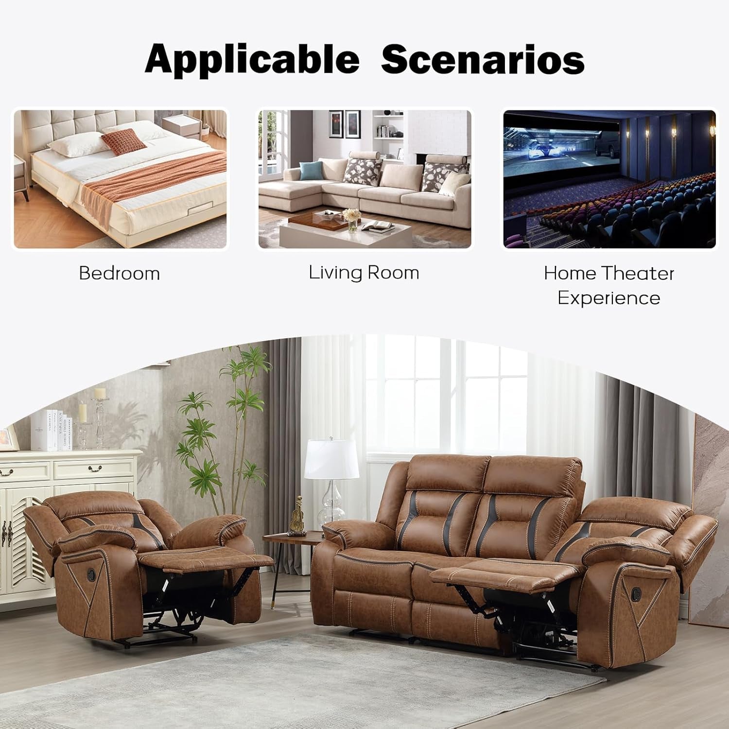 Brown Faux Leather Recliner Sofa Set Luxury Living Room Furniture-4