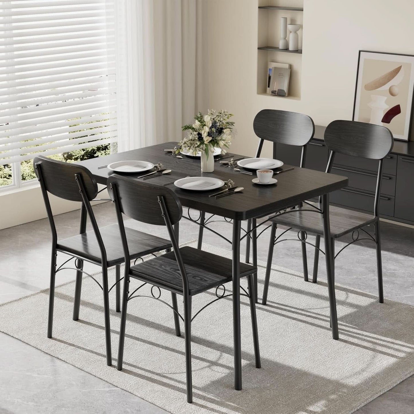 Black MDF Space Saving Dining Room Table Set With Chairs For Four-2