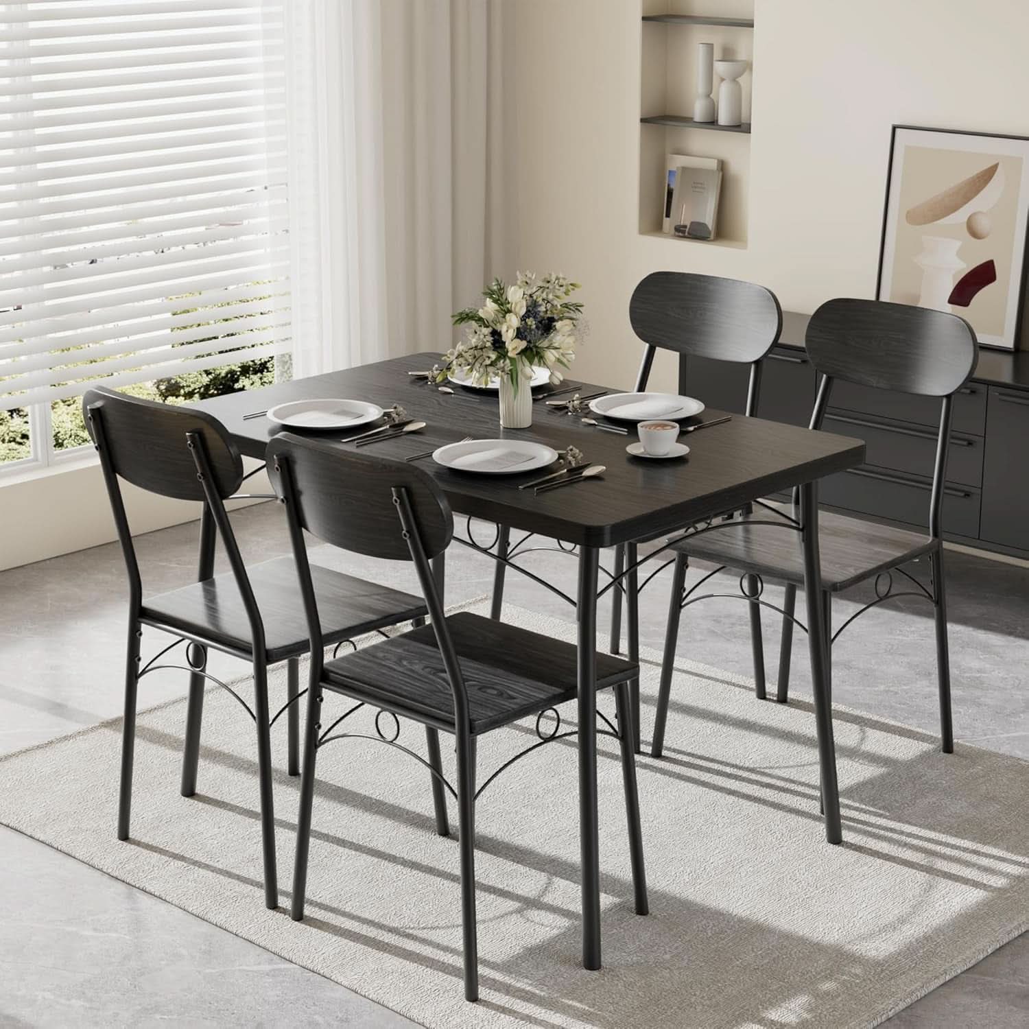 Black MDF Space Saving Dining Room Table Set With Chairs For Four-2