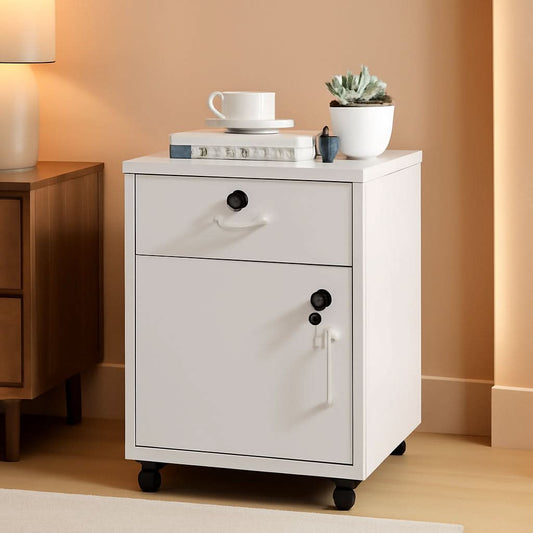 White Mobile File Cabinet With Lockable Drawer And Door-0