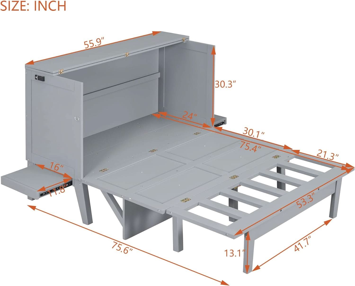 Gray Full Size Murphy Bed With Foldable Integrated USB Port Shelves-1