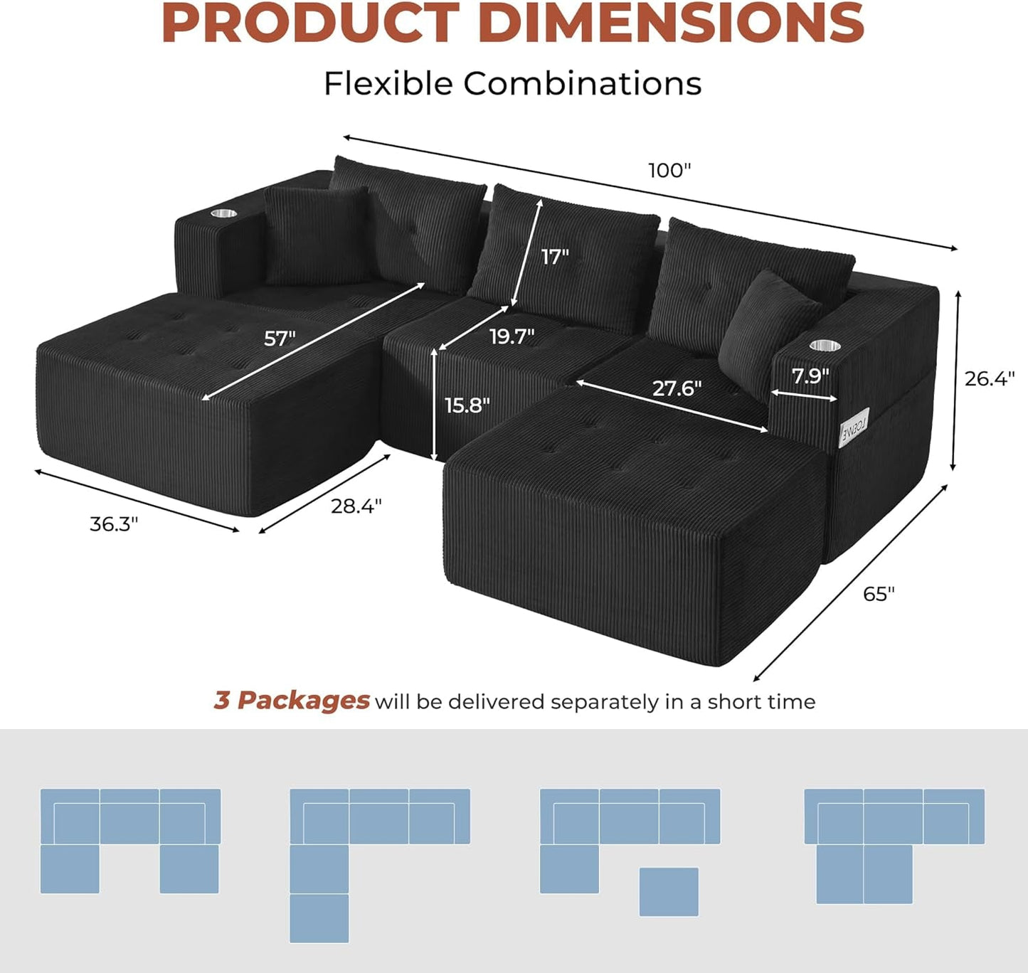 100 Inch U Shaped Oversized Modular Sofa Luxurious Corduroy-1
