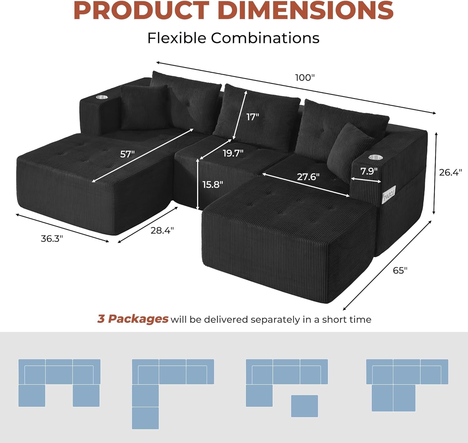 100 Inch U Shaped Oversized Modular Sofa Luxurious Corduroy-1