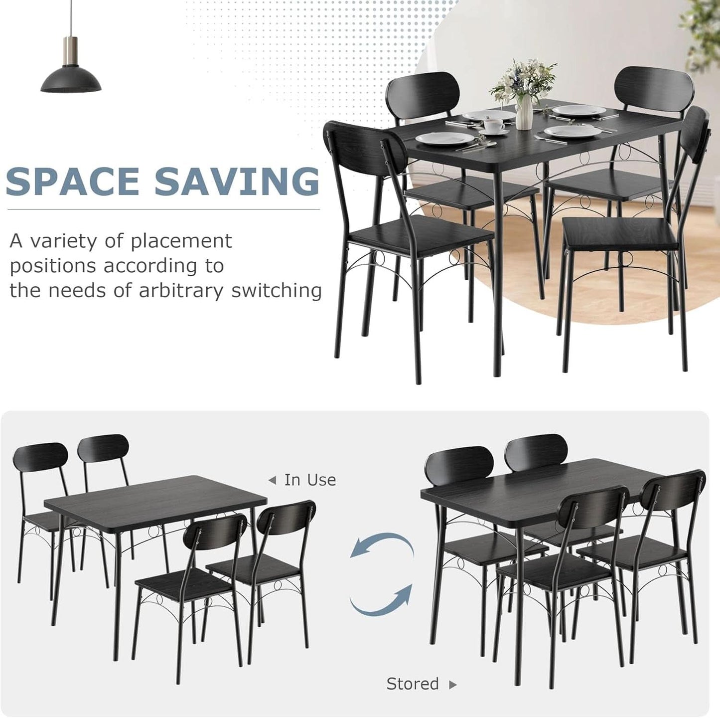 Black MDF Space Saving Dining Room Table Set With Chairs For Four-3