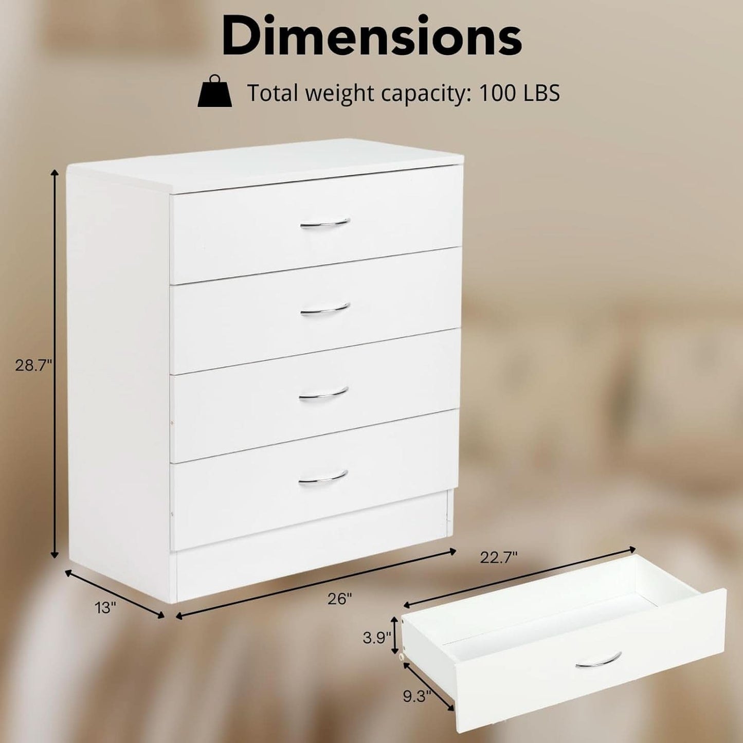 White 4 Drawer Dresser Contemporary Bedroom Storage-2