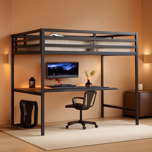 Full Size Metal Loft Bed Desk With Integrated USB Charging Black-0