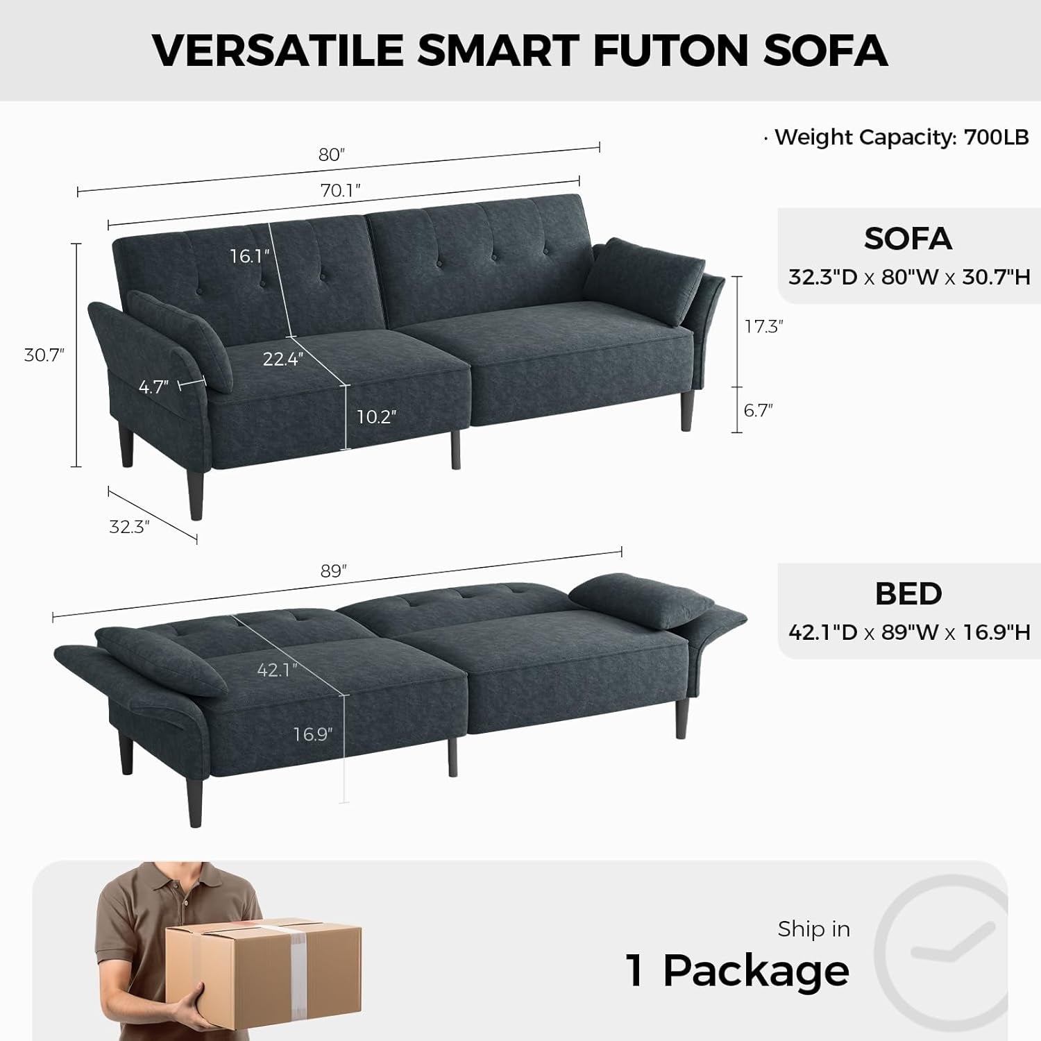 89 Inch Dark Gray Velvet Fabric Convertible SofaBed-1