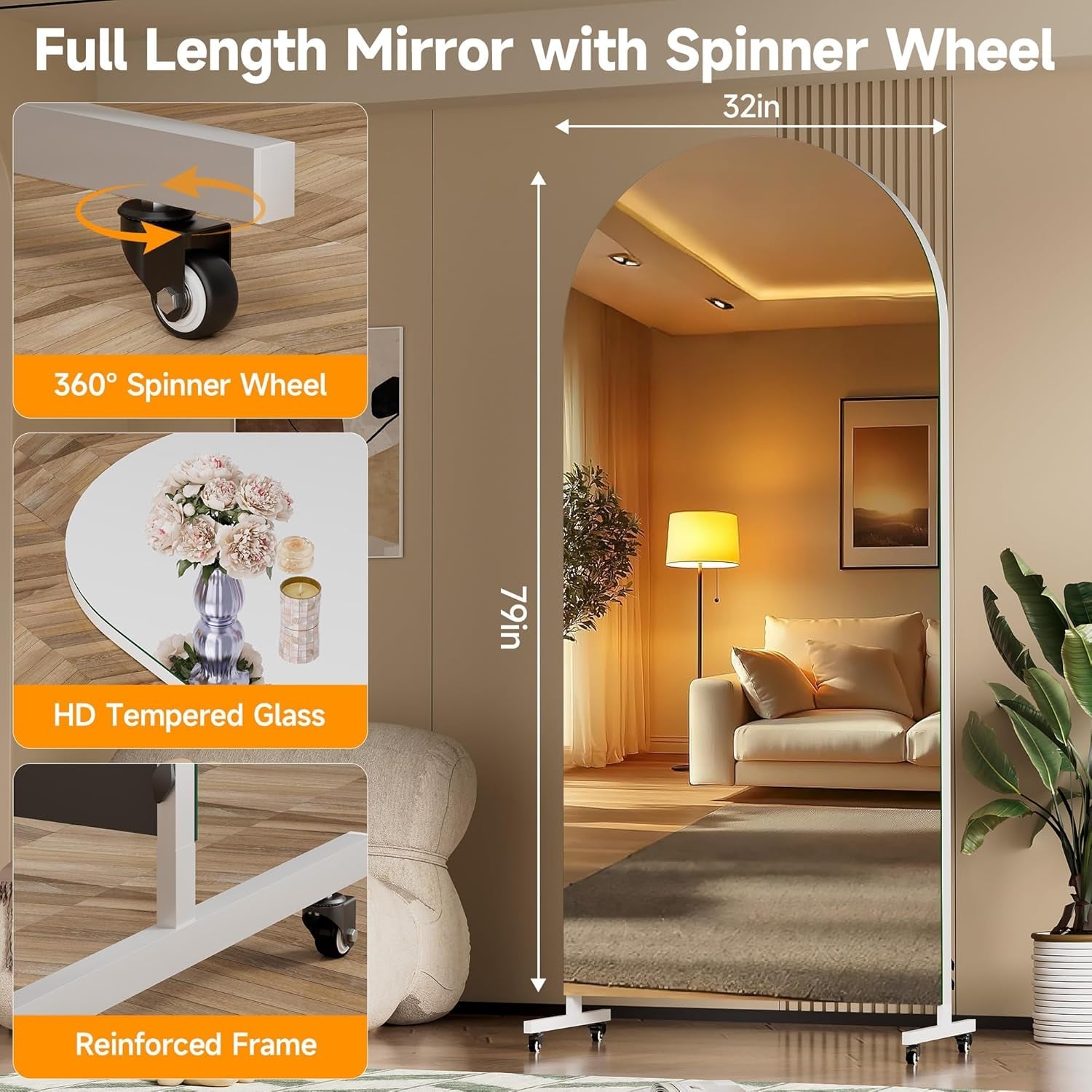 79 Inches Architectural Full Length Mirror Wheeled-1